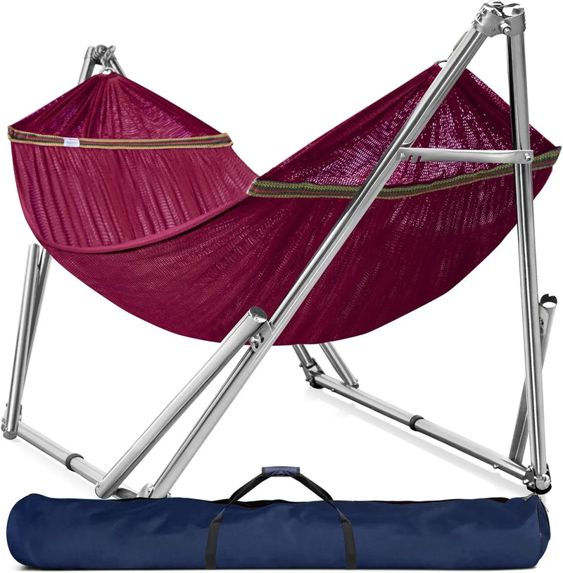 Double hammock with frame, with a load capacity of 650 pounds, double hammock with support rods, made of high-quality 201 stainless steel, assembled in 30 seconds, sturdy and flexible portable hammock frame, suitable for outdoor and indoor use, black W9