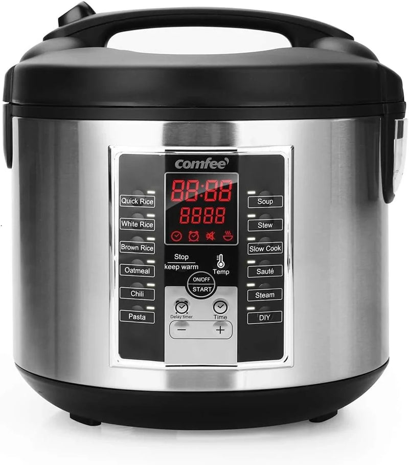Compact electric rice cooker, 6-in-1 stainless steel multi-functional cooking utensil, slow cooker, steamer, frying pan, heater and warmer, 2-gallon capacity (8 cups cooked, 4 cups uncooked), suitable for brown rice, quinoa and oats, 6 one-button pro Y9