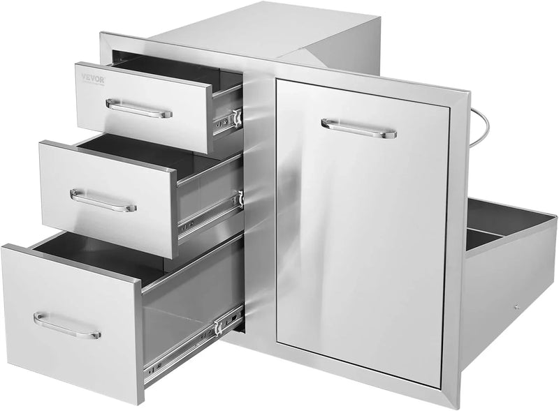 Pull Out Trash Drawer 13.4"W x 25.7"H x 19.6"D Lower Sliding Rails Stainless Steel Roll Out Trash Bin Pull Out Tray Outdoor Kitchen Trash Drawer with Handle for BBQ Island Grill Station B3