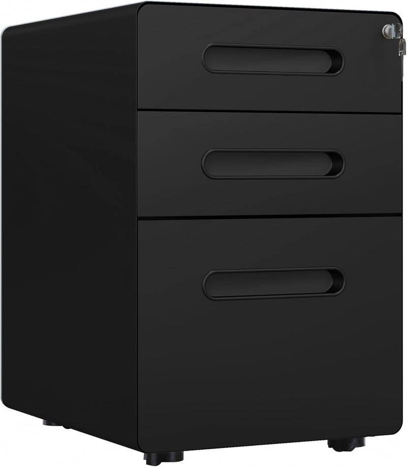 3 Drawer Vertical Filing Cabinet with Lock and Wheels, Under Desk Mobile File Cabinet for Legal, A4, Letter Size, Steel Frame for Home Office, Black K9