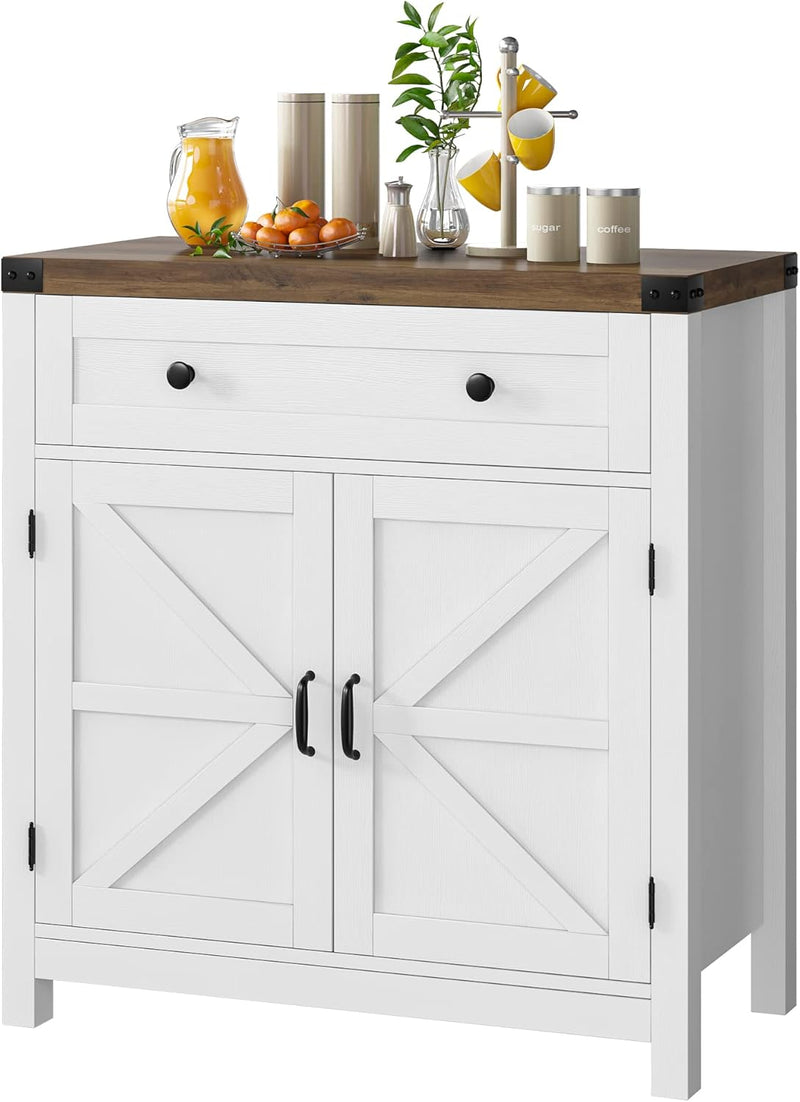 Coffee Bar Cabinet, Kitchen Storage Cabinet, Modern Farmhouse Buffet Sideboard with Drawer and Adjustable Shelf, Barn Door Accent Cabinets for Kitchen, Dining Room, Entryway, White T7