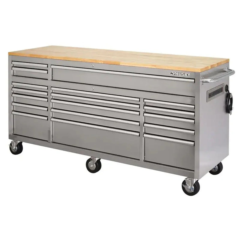 72 in 18-Drawer 24 in. D Mobile Workbench with Solid Wood Top Stainless Steel D8
