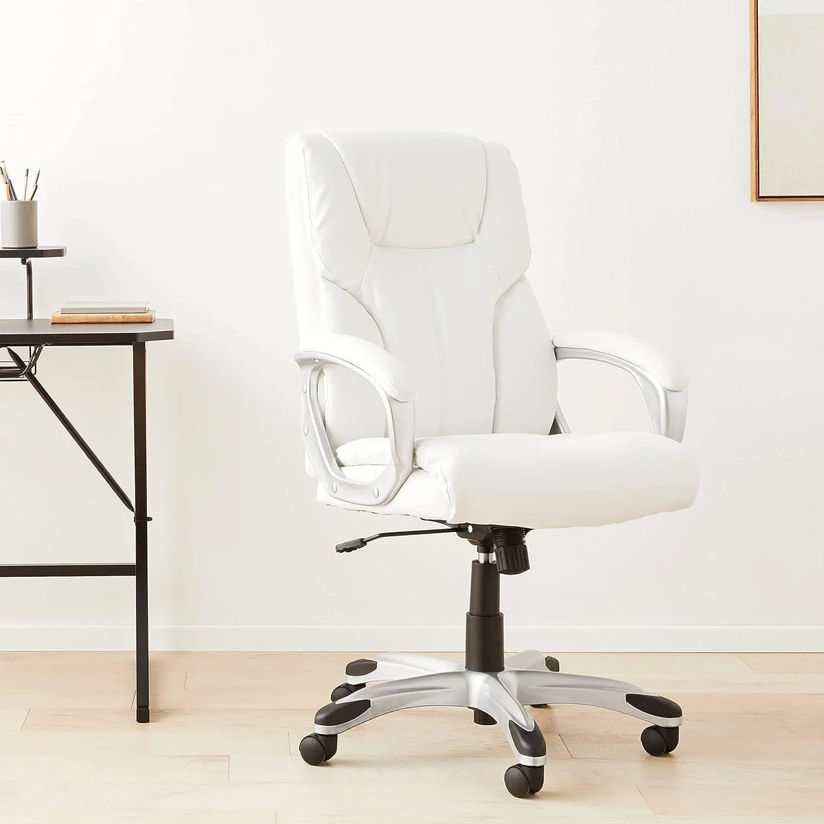 High-back executive office chair, adjustable in height, tiltable, rotatable, uniform size, white/mustard color