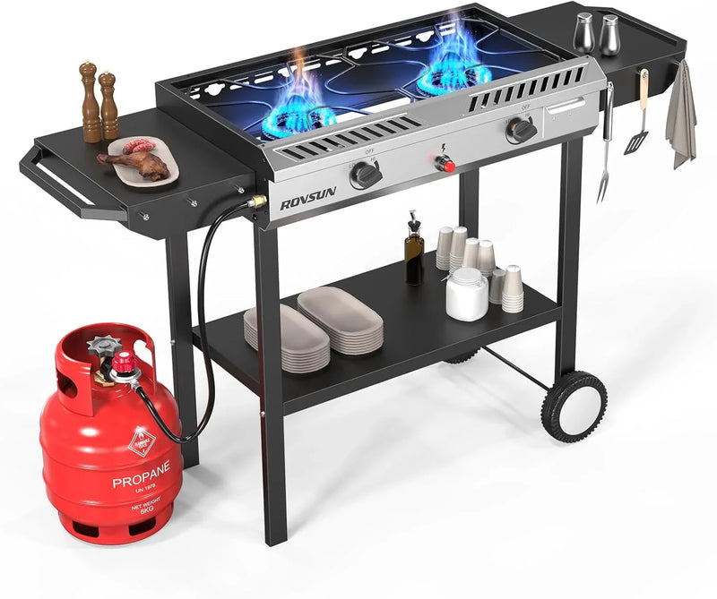 2 Burner Outdoor Propane Gas Stove with Griddle, Auto-ignition, Regulator & Side Shelves, 150,000 BTU Powerful Stand Cooker for Backyard Cooking Home Brewing Canning Frying Grilling N0