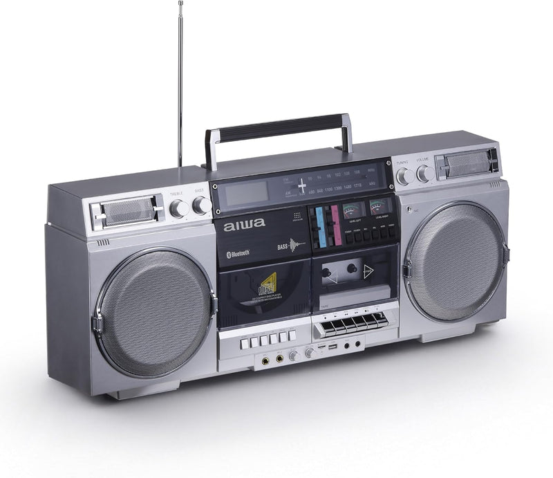 Retro-style portable CD player, featuring tape recording function, Bluetooth 5.0 technology, FM/AM radio, USB/SD/AUX input interfaces, VU meter, LCD display, dual 40-watt speakers - silver J4