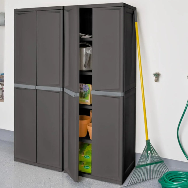 Storage Cabinet, Rugged Plastic Garage Organizer with Double Doors, 4 Adjustable Shelves, Gray W0