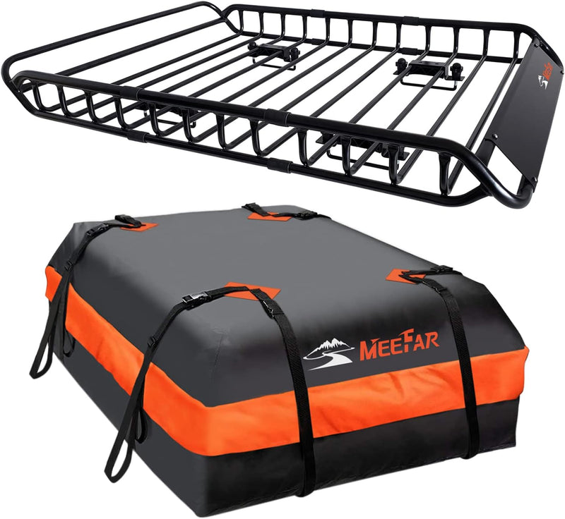 Roof Rack Carrier Basket Universal Rooftop 51" X 36" X 5" Waterproof Bag 15 Cubic Feet (44" 34" 17"), and Cargo Net with Attachment Hooks, Ratchet Straps T0