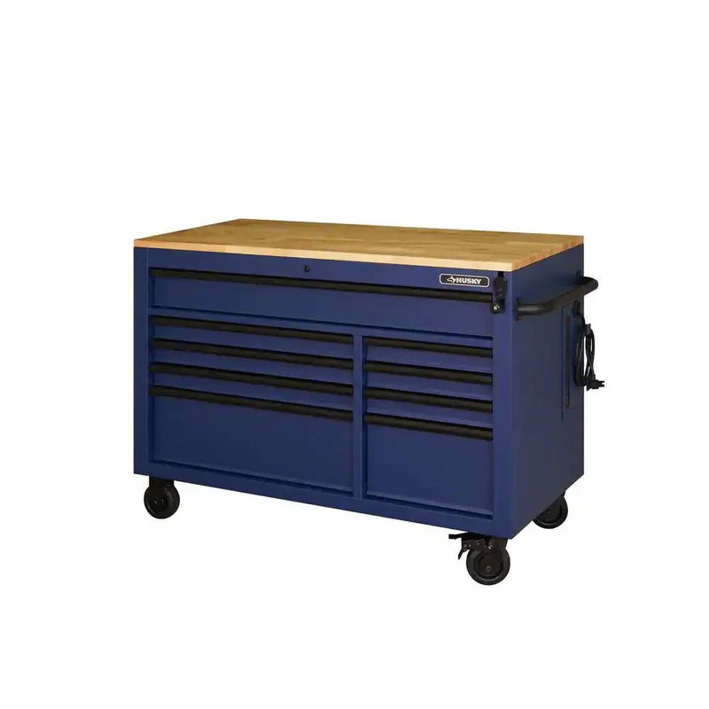 Heavy-Duty 52 in. 9-Drawer Mobile Workbench with Adjustable-Height Solid Wood Top in Matte Blue C4