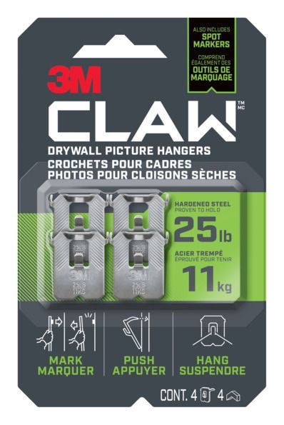3M Claw DrywAll Picture Hanger, 25-lb Capacity, 4 Hangers per Pack J6