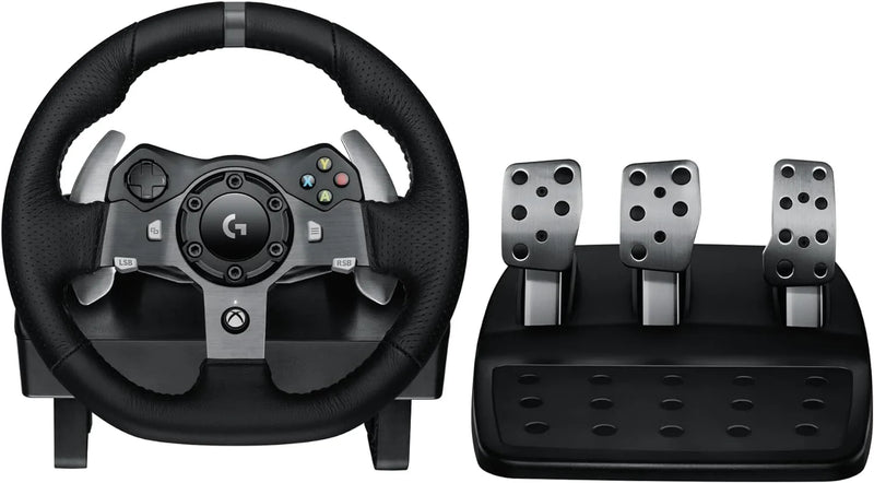 Drive Force racing car steering wheel and pedals, real force feedback function, stainless steel shift paddles, leather steering wheel cover suitable for Xbox Series X|S, Xbox One, PC and Mac - Black G1