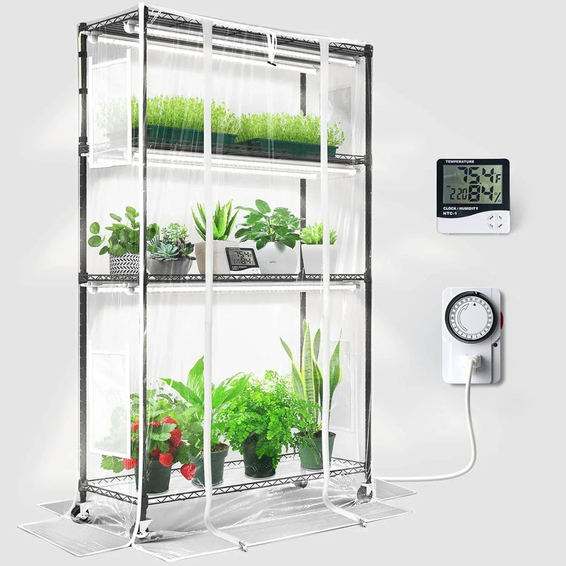 Barrina Mini Greenhouse with LED Grow Light for Indoor Plant, 4-Tier Portable Metal Plant Stand with Wheels, Plant Shelf with Tent, 6Pcs Plant Light with Timer and Thermo-Hygrometer, 35.4x13.8x59IN V2