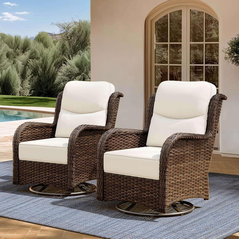 Outdoor Swivel Rocker Patio Chairs with 6-Inch Thick Cushions and Side Table, 3PCS High Back Wicker Patio Furniture Set for Porch, Balcony, Deck and Yard in Blue H1