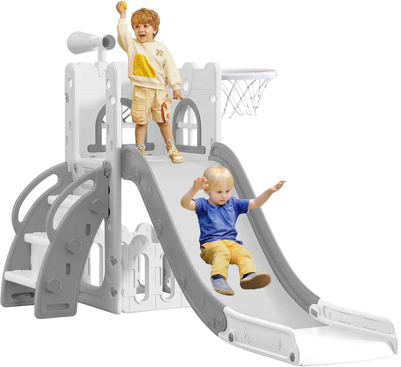 6 in 1 Toddler Slide for Toddler Age 1-3,Kids Climber Slider for Indoor Outdoor Playground with Basketball Hoop,Storage and Telescope,L Shaped Slide for Toddler Climber Playset M4