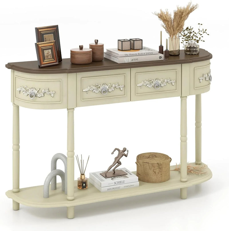 Retro game console table with drawer, 52-inch narrow sofa table with open shelves, table with storage function at the half-moon entrance, solid wood legs, entrance table for retro living room corridor, beige color scheme I2