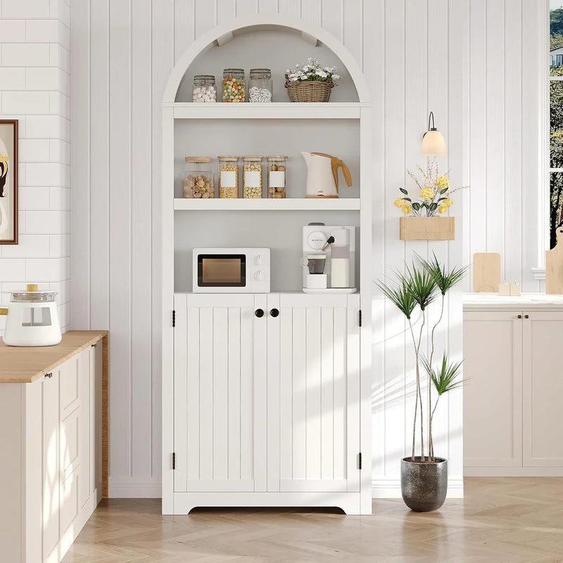 72'' Tall Farmhouse Bookcase, 5 Tier Arched Bookshelf with Double Doors & Adjustable Shelf, Display Storage Shelves, for Bedroom, Living Room, Home Office K5