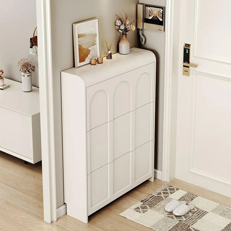 Narrow white artificial wooden shoe cabinet with door, modern entrance shoe rack, standalone hidden shoe cabinet M2