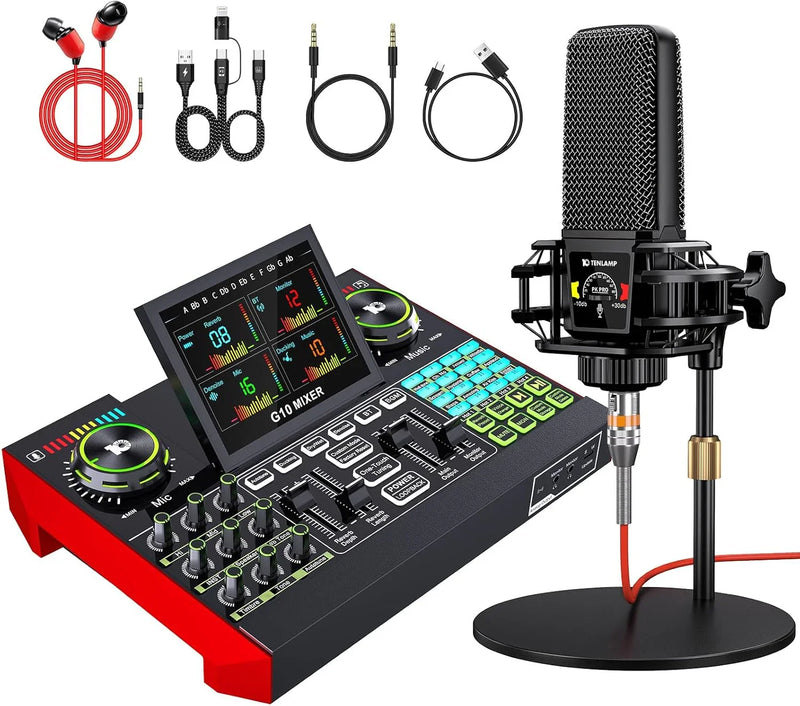 Podcast Equipment Bundle,with 3.5mm Condenser Microphone & Live Sound Card - Audio Mixer for Streaming, PC/Mobile Live Singing, Gaming Content Creators, Soundboard with USB Computer Interface E0