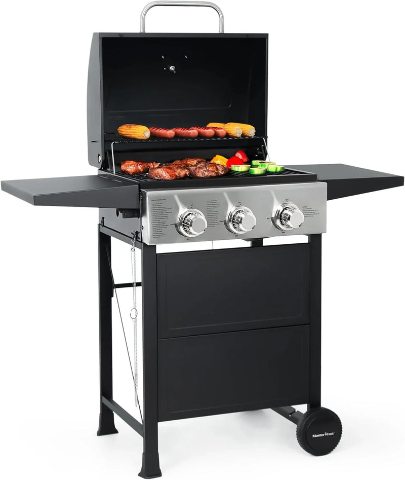 Burner BBQ Propane Gas Grill, Stainless Steel 30,000 BTU Patio Garden Barbecue Grill with Two Foldable Shelves E9