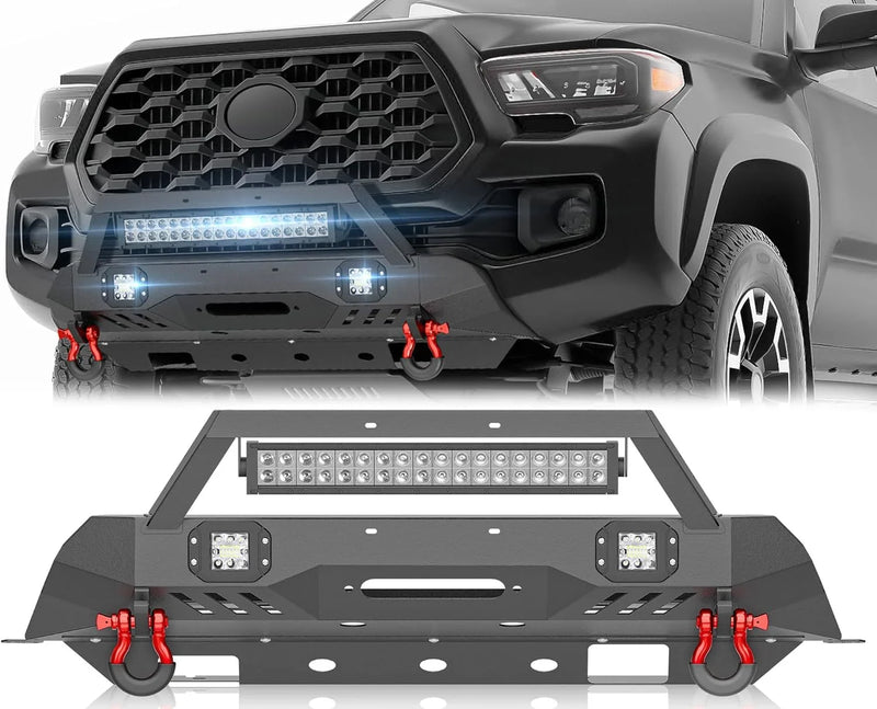 for Tacoma 3rd Gen Stubby Front Bumper Compatible with 2016 2017 2018 2019 2020 2021 2022 2023 Toyota Tacoma with Skid Plate, Winch Plate, License Plate Frame, LED Lights & D-rings, Black W1