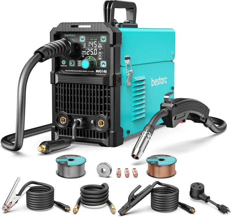 145A MIG Welder, 110V/220V Dual Voltage Gas/Gasless Flux Core MIG Welder/Lift TIG/Stick 3 in 1 Synergic MIG145 9GEN Welding Machine, Flux/Solid Welder Digital Screen Display T8