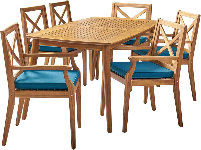 7-piece cherry wood dining set, teak surface / blue G2