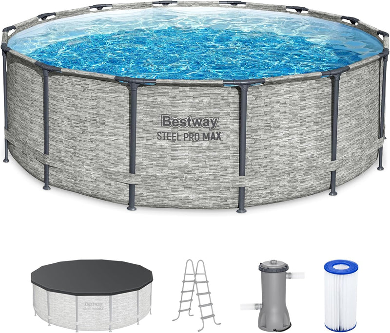 Above Ground Swimming Pool w/ Pump, Cover, & Ladder, 14' x 48", Steel Pro MAX, Gray - Backyard Outdoor Round Pool w/ Filter, 42-Inch Deep Water H0