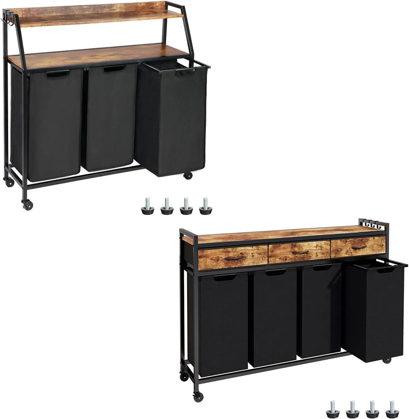 Two Laundry Hamper, Rolling Laundry Sorter with Wheels, 4 × 14.5 Gal (55 L), Pull-Out and Removable Laundry Bags, for Laundry Room, Rustic Brown B3