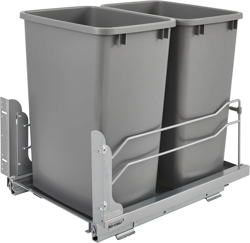 A double pull-out trash can suitable for the bottom of kitchen cabinets, with a capacity of 35 ounces (approximately 0.875 gallons), equipped with a gentle closing sliding mechanism, and in the color of Orison Gray. A6