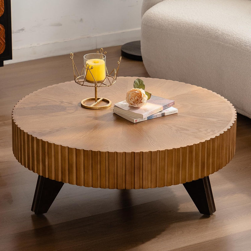 35" Contemporary Round Coffee Table, Coffee Tables Blending Traditional Decor, Solid Wood Center Table for Living Room, Natural S8