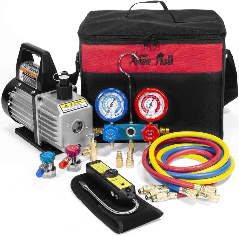 Premium 4CFM Air Vacuum Pump HVAC A/C Refrigeration Kit AC Manifold Gauge Case Set R134a Tap w/Leak Detector and Carrying Tote Bag G1