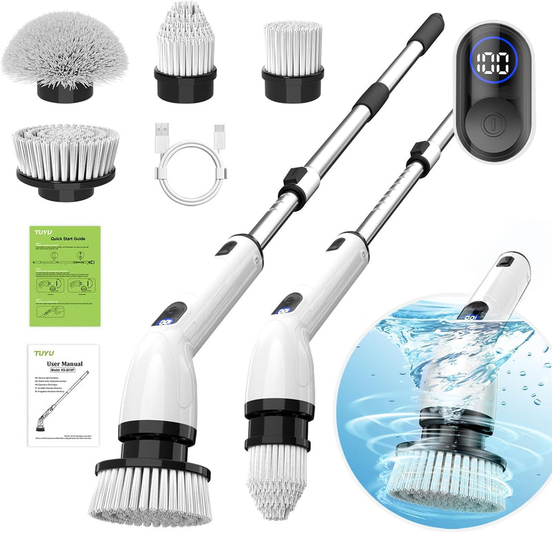 Electric Spin Scrubber, Full-Body IPX7 Waterproof Bathroom Scrubber with Power LCD Display, Adjustable Extension Handle, Cordless Shower Cleaner Brush for Bathtub Kitchen Wall Cleaning G5