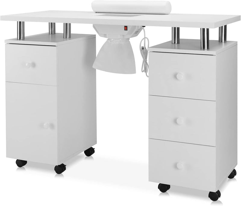 Manicure Table Nail Desk for Nail Tech w/Electric Dust Collector & Wrist Rest, Acetone Resistant Top Beauty Salon Nail Supplies Decor Station w/Lockable Wheels, Cabinet, Drawer (White) X3
