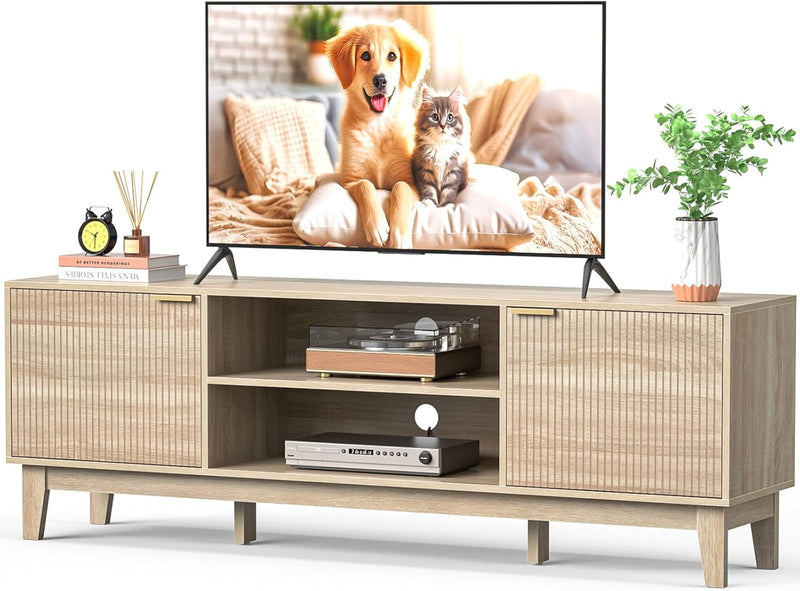70" TV Stand for Living Room, Fluted Mid-Century Modern TV Console for TVs up to 80 inch, Farmhouse Entertainment Center with 2 Storage, Media Console Table for Living Room, Oak N6
