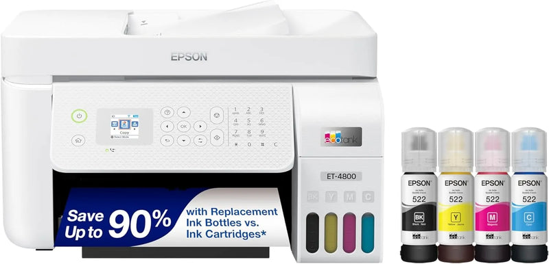 Epson EcoTank ET-4800 Wireless All-in-One Inkjet Printer, Scanner, Copier, Fax, ADF, Ethernet, White B1