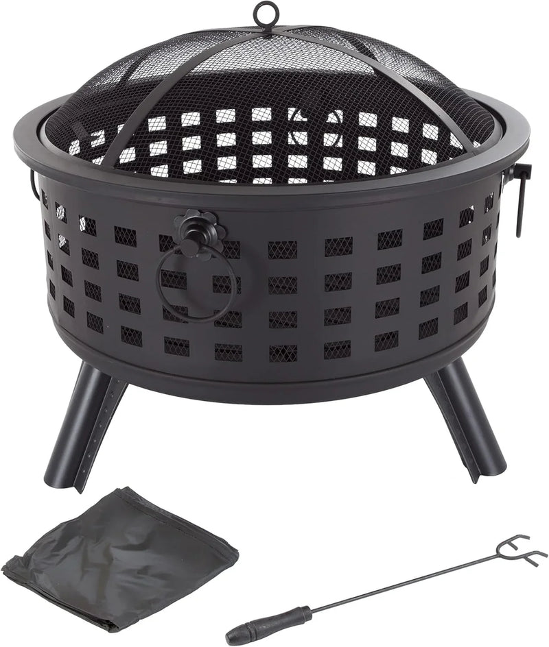Outdoor Fire Pit - 26-Inch Round Lattice Wood Burning Firepit with Screen, Poker, Grate and Cover - Wood Fire Pits & Outdoor Fireplaces by Pure Garden Q5