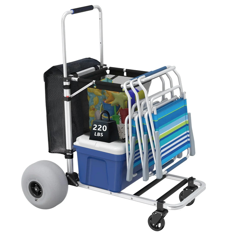 Foldable Beach Cart with Adjustable Handle and 12" Balloon Wheels, Heavy Duty Aluminum 220LBS Capacity H0