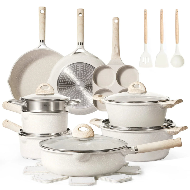 Carote Non Stick Pots and Pans Set, 21 Pcs Induction Kitchen Cookware Sets (Beige Granite) R0