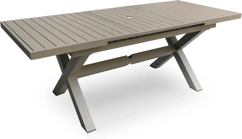Extendable Patio Dining Table for 6-8, 63''-83'' Outdoor Aluminum Table w/Umbrella Hole, Rectangle Slatted Tabletop, Metal X-Trestle for Meals Garden Deck Backyard Gathering Party - Light Brown U9