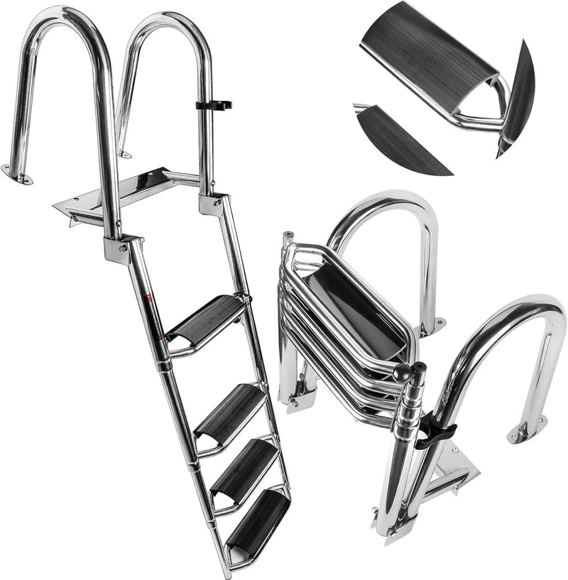 4 Steps Telescoping Boat Ladder Reinforce Dock Ladder Heavy Duty Swim Deck Ladder with Hand Railings and Extra Wide Steps L3