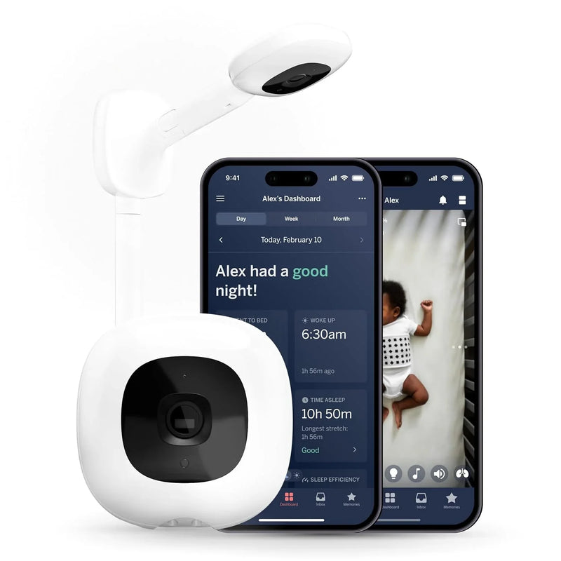 Smart baby monitor and wall-mounted device - 1080p security Wi-Fi video camera, sensor-free sleep and breathing motion tracker, two-way audio, sound and motion alerts, night vision function, breathing band - white T0