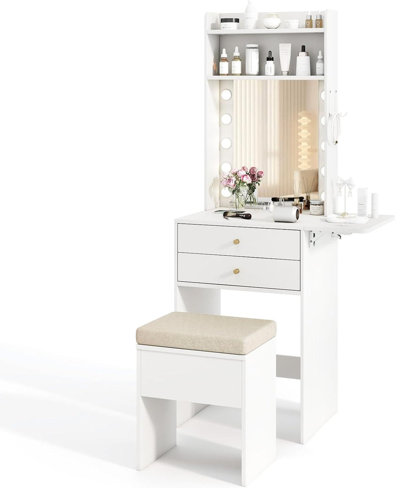 Small Vanity Desk with Mirror and Lights, Makeup Vanity Table with Charging Station, Drawers, Shelves, Foldable Side Table, Compact Dressing Table with Storage Chair for Small Space (White) F5