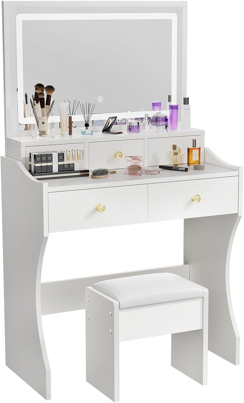 Makeup Table with Extra Large Mirror and Lights, 80cm Dressing Table with Stool H5
