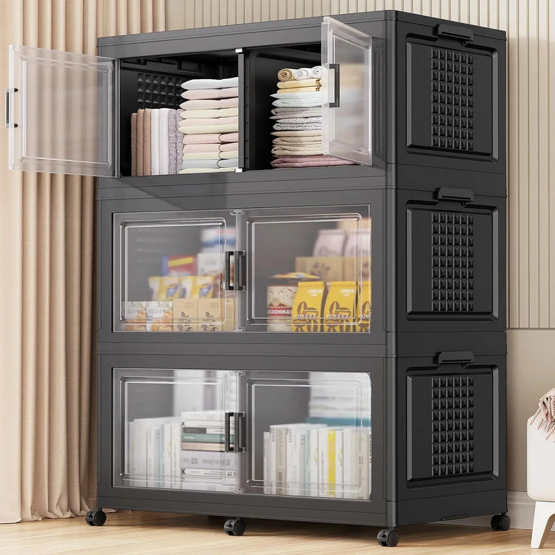 200Gal Extra Large Plastic Storage Bins with Lid & Wheels, Stackable Collapsible Bins with Dividers, Cube Closet Organizers and Storage Cabinet Shelves Box Roomy for Home Kitchen,4Pack White Q7