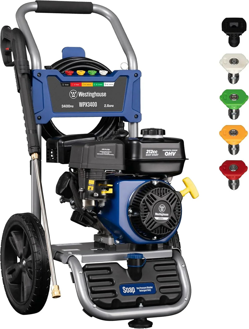 WPX3400 Gas Pressure Washer, 3400 PSI and 2.6 Max GPM, Onboard Soap Tank, Spray Gun and Wand, 5 Nozzle Set, for Cars/Fences/Driveways/Homes/Patios/Furniture M9