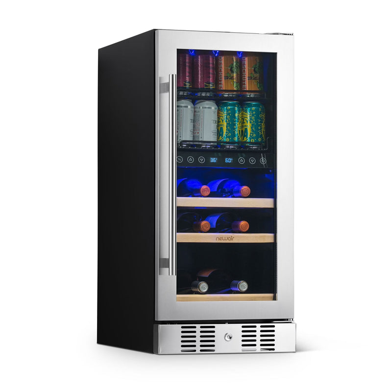 Newair 15 Dual Zone Beverage Cooler with Removable Beech Wood Shelves, Stainless Steel E8