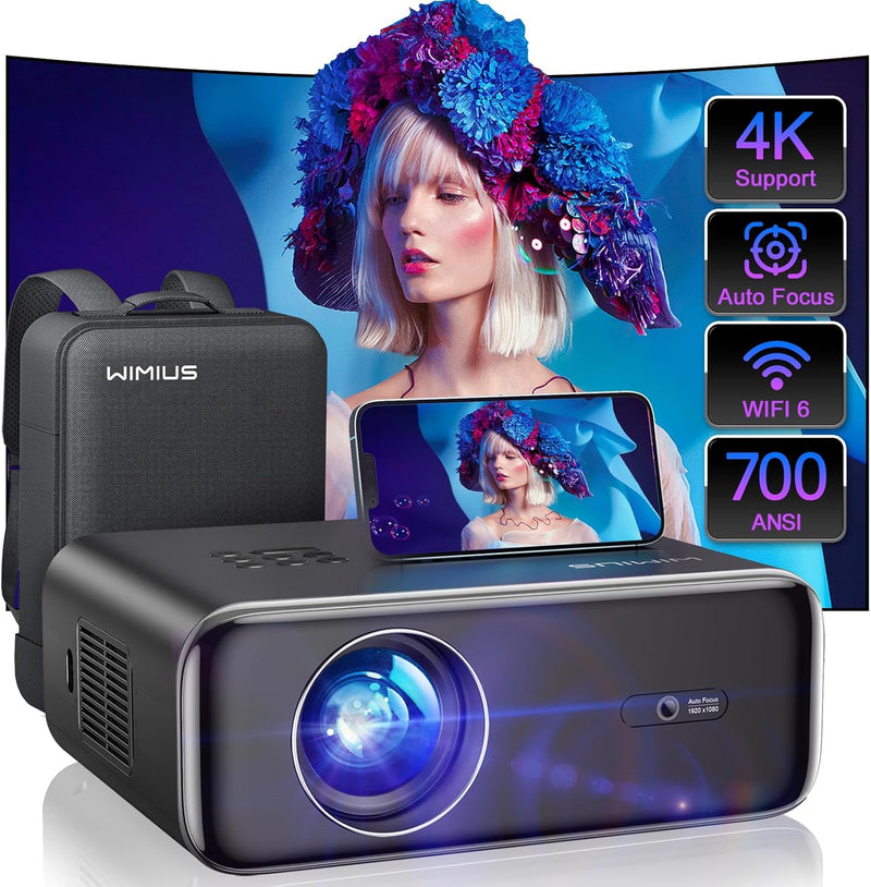 [Auto Focus/4K Support] Projector with WiFi 6 and Bluetooth 5.2, 700ANSI Native 1080P Outdoor Movie Projector, WiMiUS P62 Auto 6D Keystone & 50% Zoom, Smart Home Projector for iOS/Android/TV Stick M5