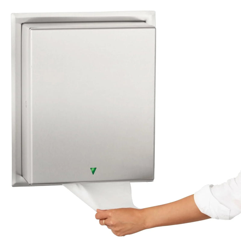 Automatic roll towel dispenser, semi-integrated design, matte stainless steel material, adjustable sensor, LED light guide, no contact operation, AC adapter/battery power supply, universal roll towel compatibility R3