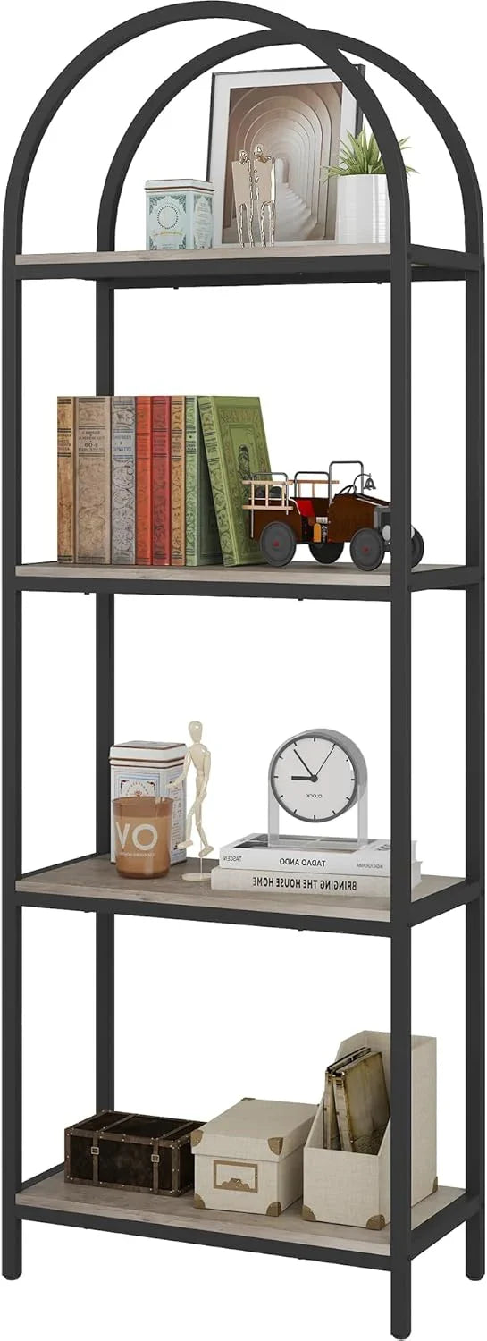 Yusong Bookshelf Rattan Arched Bookcase, 74" Tall Industrial Open Book Shelves for Living Room, Modern Freestanding Boho 5 Tier Display Storage Rack with Metal Frame, Office, Bedroom, Burlywood T7