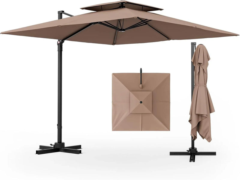 9.5-foot cantilevered patio umbrella, outdoor square offset umbrella, 360° rotatable, double-structured heavy-duty patio hanging umbrella, with cross base, suitable for gardens, patios, swimming pools and backyards. M1