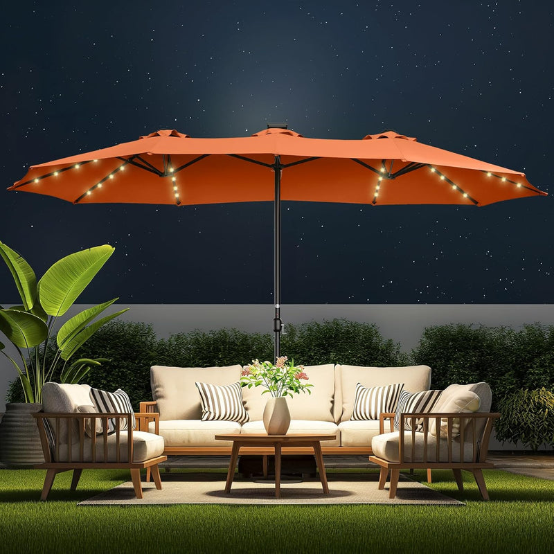 Double Sided Patio Umbrellas - 15ft Solar Lights LED Lighted Outdoor Extra Large Market Table Umbrella with Base Included, Oversized Umbrella for Deck, Pool, Backyard (Beige) B7